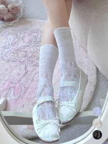 1 Pair Women's Sweet Ballet Style Ruffled Calf Socks, Summer Thin Breathable Hollow Mesh Lace Trim Lolita Short Socks - Multicolor - View 1