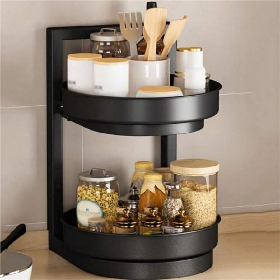 Rotating Double Tier Spice Rack Organizer for Cabinets, Spice and Condiment Storage, Shelf and Cabinet Organization - Negro - Ver 1