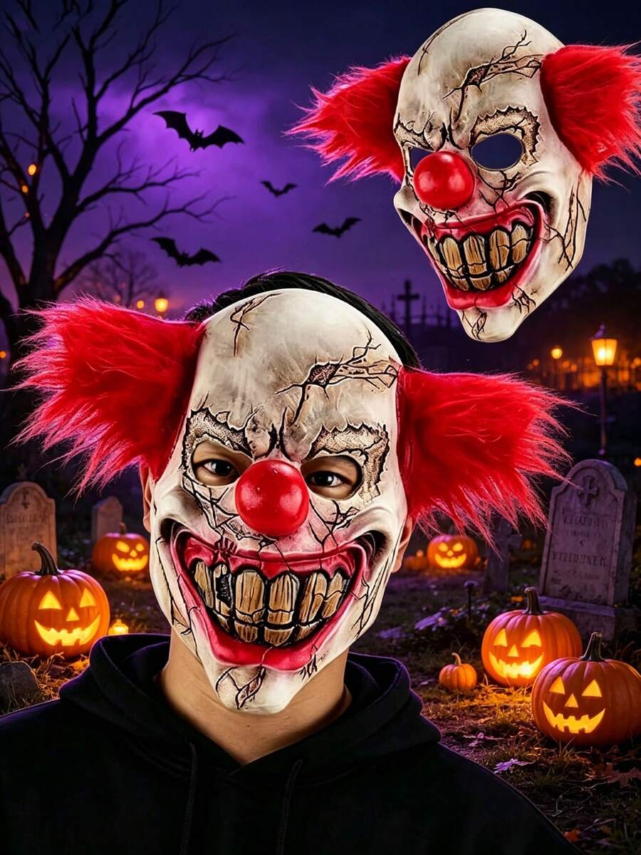 Adult Horror Killer Clown Mask, Scary Halloween Clown Mask With Red Hair, Suitable For Halloween, Carnival, Costume Party And Horror Themed Events, Ideal Holiday Gift For Family And Friends - Multicolor - View 1