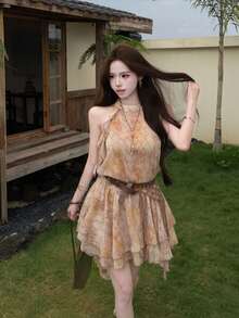 Women Short Dresses - Yellow With Belt (sleeveless) - View 10