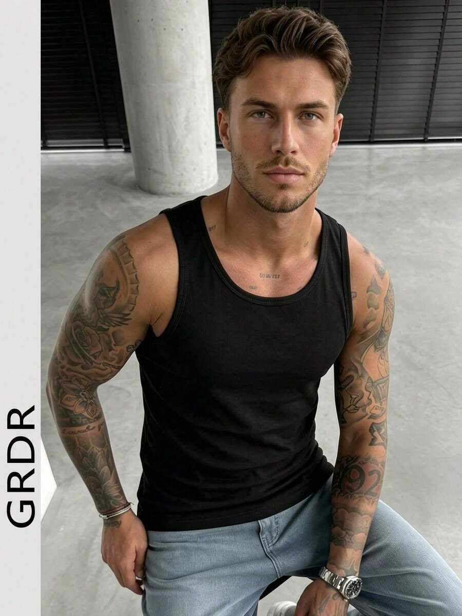 GRDR Tank Top Pria Kasual Musim Panas Tanpa Lengan Leher Bulat - Hitam - View 1