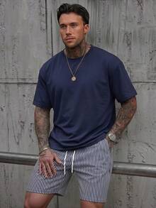 GRDR Men's Crew Neck Short Sleeve T-Shirt And Drawstring Shorts Casual Set - Navy Blue - View 1