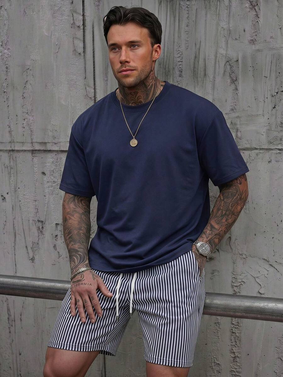 GRDR Men's Crew Neck Short Sleeve T-Shirt And Drawstring Shorts Casual Set - Navy Blue - View 1