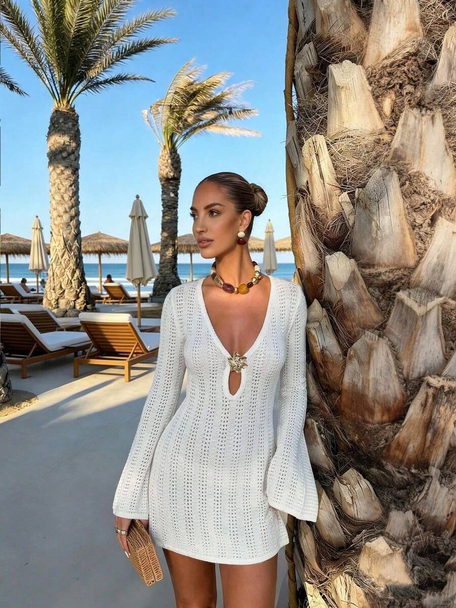 Women's Summer Knit Mini Skirt, Short Skirt With Tie Waist, Deep V-Neck And Floral Decoration, Sexy Bohemian Dress For Vacation And Beach - 軍綠色 - 查看 1