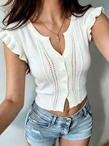 Bohemian Style Women's White Short Sleeve Knit Cardigan, Ruffle Sleeve And Button Detail, Slimming Knit Top For Autumn Layering Summer - White - View 2