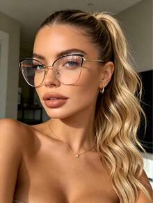 1 par de gafas de mujer con diseño único de ojos de gato de metal con cristales de diamante y lentes transparentes brillantes - transparente - Ver 4