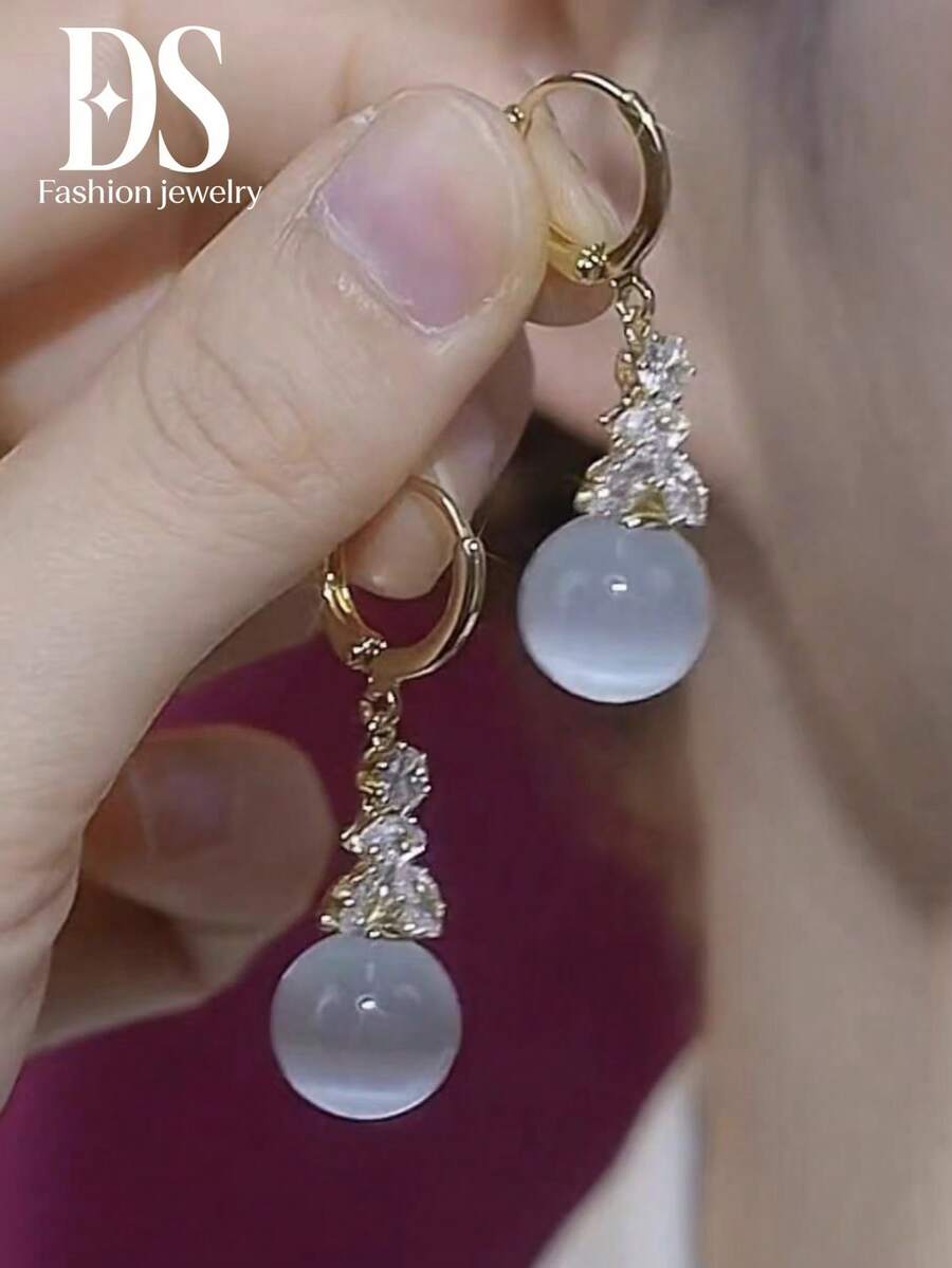 1 Pair Cat Eye Semi-Transparent Round Ball Earlobes, Rhinestone Marquise Sparkling Dangle Earrings, Jewelry Accessories For Women, Party And Wedding Occasions