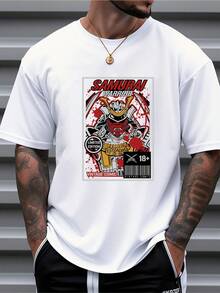 Men's Pure Cotton Short-Sleeve T-Shirt Oversized Fit Samurai Graphic Print Casual Streetwear Top - White - View 1