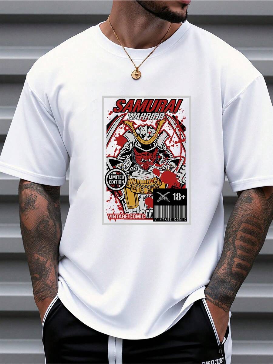 Men's Pure Cotton Short-Sleeve T-Shirt Oversized Fit Samurai Graphic Print Casual Streetwear Top - White - View 1