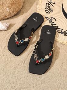 OXLL Luxury Colorful Rhinestone Flip Flops, Bohemian Sparkling Crystal Thong Sandals, Women's Summer Beach Wear, Detachable Chain Design, Original New Style - Black - View 6