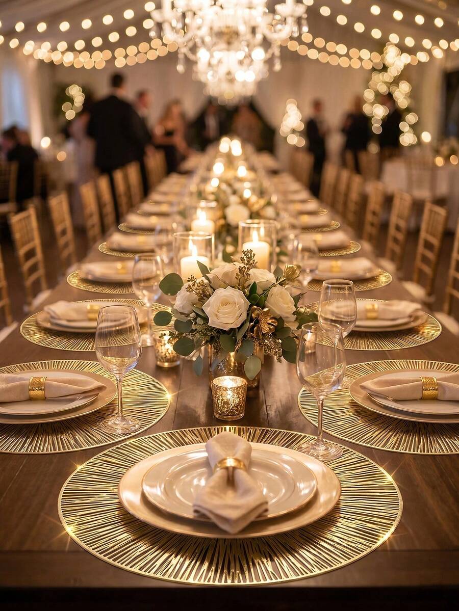 8pcs/Set Gold Hollow Out Pvc Placemats(4pcs) & Coasters(4pcs), Easy To Clean, Waterproof, Slip-Resistant, Heat Resistant, Ideal For Table Decoration And Special Occasions Like Wedding, Party, Festival - Gold 8-piece set (4 placemats, 4 coasters) - View 1