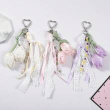 1pc Sweet Tulip Zinc Alloy Keychain With Lace Ribbon Floral Bag Charm, Suitable For Daily Bags - Multicolor - View 2