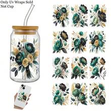 4pcs/Set Elegant Dark Green Gold Floral UV DTF Transfer Stickers, Brown/Green - DIY Craft Decals With Rose And Mixed Flower Patterns, Self-Adhesive For Glass And Wood, Perfect For Mugs And Home Decor Car Stickers Holiday Decorations - Multicolor - View 2