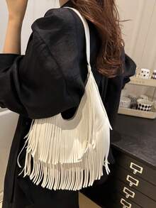 1pc Solid Color Suede Fringe Shoulder Bag, Vintage Fashion Large Capacity Commuter Bag, High-Quality Textured Stylish Shoulder Bag - White - View 5