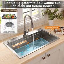 75 X 45 Cm Stainless Steel Inset Sink With Cutting Board, Additional Inner Bowl And Drainer Basket, PVD Coating, Waterfall Waste, Quiet Operation And 3 Tap Holes - 銀色 - 查看 3