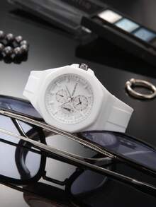 REBIRTH 1pc Women Fashionable Minimalist Casual Silicone Strap Quartz Wrist Watch, Suitable For Daily Wear - White - View 2