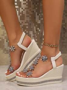 Summer Autumn New Wedge Heel Fashion Versatile Sandals Butterfly Pearl Decor - Beige - View 3