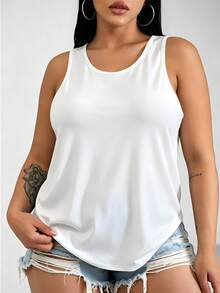 Women's Sleeveless White Cotton Tank Top, Casual Round Neck Regular Length T-Shirt For Summer Outfits - 白色 - 查看 1