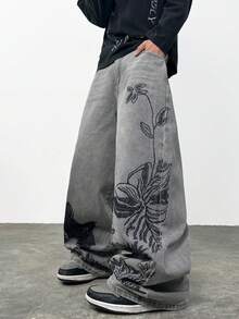 Justice Brother 1pc American Streetwear Personalized Embroidered Men's Denim Jeans Casual All-Season Loose Wide Leg Long Pants (Belt/Accessories Not Included) - Grey - View 3