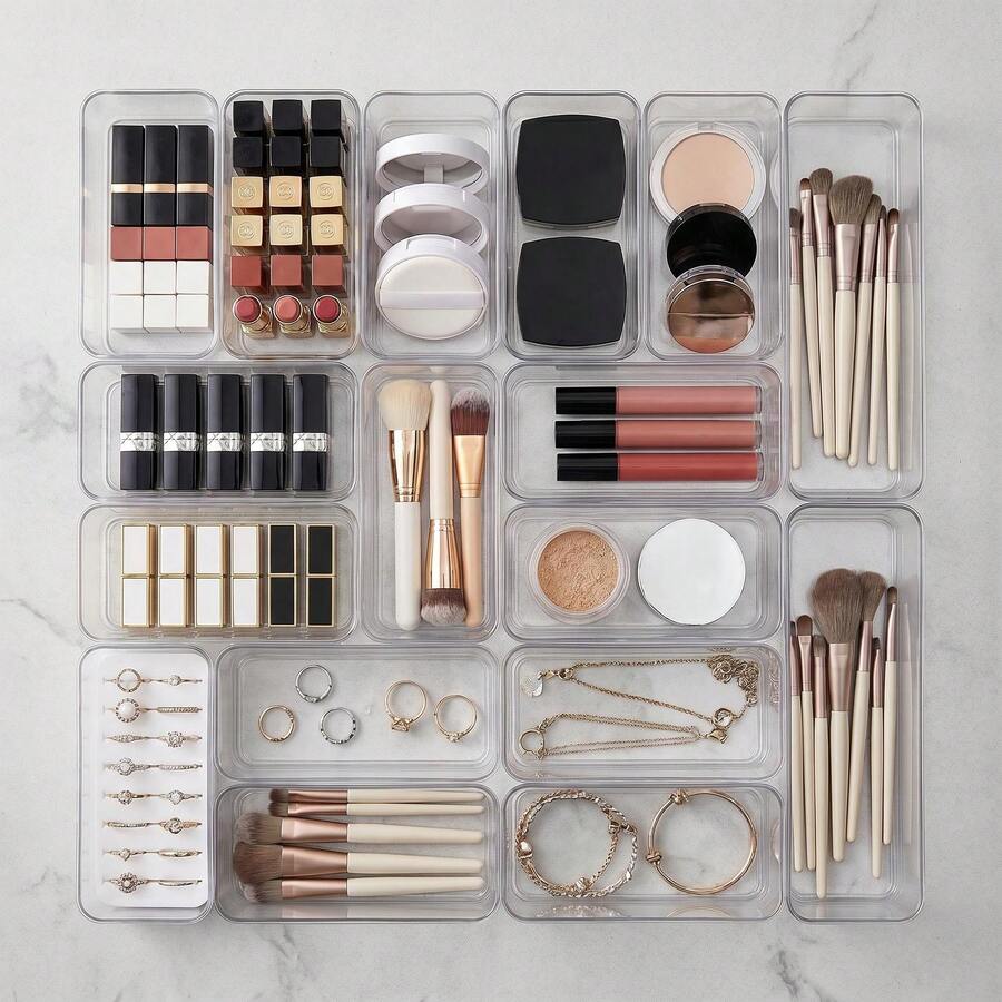 Multiple Combination Transparent Drawer Storage Boxes, Cosmetic Organizer Boxes, Freely Combinable Dividers, Convenient Placement, Organizing Boxes For Office Desk Drawer Bedroom Storage
