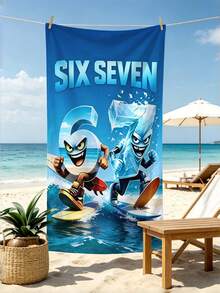 1件創意卡通衝浪「67」印花海灘浴巾，「SIX SEVEN」酷時尚海灘浴巾，超細纖維吸水快乾，輕量大尺寸，適合海灘、游泳、潛水、衝浪、健身，夏季海灘露營派對裝飾必備 - P款 - 查看 3