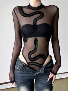 2026 Snake Print Mesh Bodysuit Sexy Snake Print Mesh Patchwork Long Sleeve Bodysuit Sheer See Through Slim Fit Going Out Top - 黑色 - 查看 10