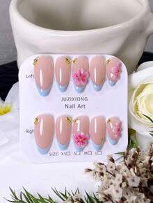 10 piezas de uñas postizas de almendra hechas a mano – puntas francesas azules con degradado rosa y arte floral, detalles de flores pintados a mano & cuentas doradas. Elegantes, románticas & reutilizables, perfectas para el glamour diario, citas, fiestas, vacaciones y regalos para mujeres. - Multicolor - Ver 2