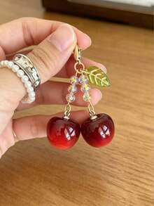 1pc Cherry Keychain, Bright Red Cherry Pendant With Beads And Leaves, Fashionable Women's Bag Charm, Suitable For Keys And Backpacks - Multicolor - View 1