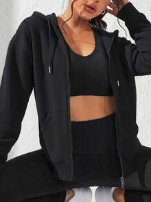 Cardigan cu glugă și fermoar pentru femei, 1 buc., stil scurt, culoare solidă minimalistă, casual, pentru purtare zilnică, potrivit pentru sporturi roz de primăvară/toamnă - Roz - Vizualizare 5