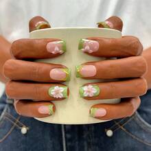 10pcs/Set Y2K Nails Handmade, Pink Nails, Green Cat's Eye Nails, Green French Tip Nails, 3D Pink Flowers Nails, Perfect For Parties & Daily Wear. Short Square Nails. Handmade Press On Nails Square, Fake Nails, Acrylic Nails, Short Nails, Summer Nails - Multicolor - View 2