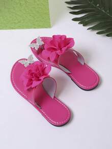 1 Pair Hot Pink Women's Summer Floral & Rhinestone Butterfly Decor Toe Loop Flat Slide Sandals, Stylish Open Toe Casual Slippers - Hot Pink - View 7
