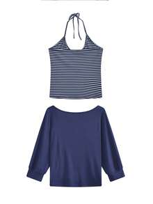 Kamisol Bergaris + Kaos V-Neck Longgar, Set 2 Potong Serbaguna untuk Memperampingkan Tubuh (Garis Acak) Elegan untuk Musim Panas - Angkatan laut - View 7