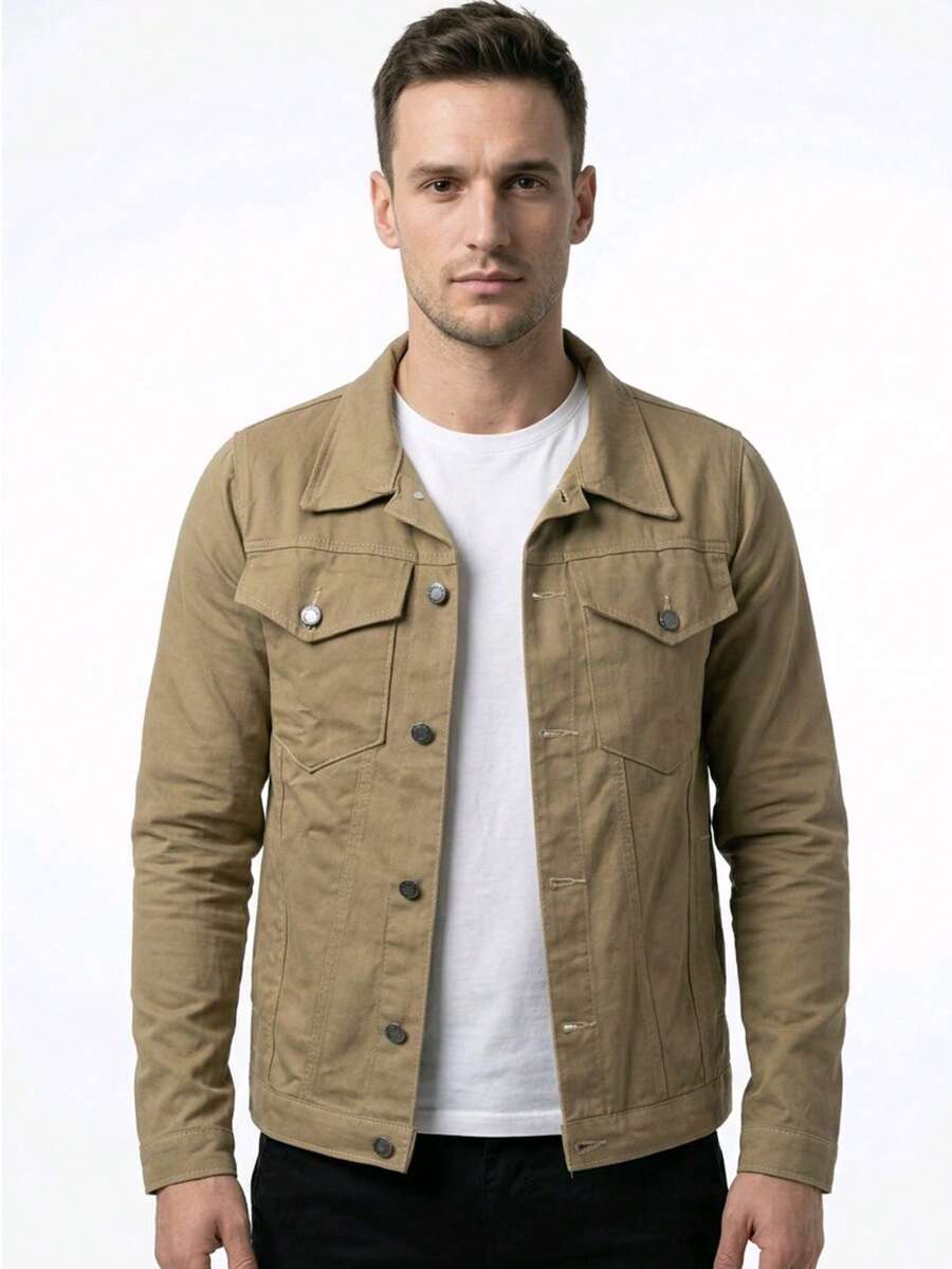 Men's Denim Jacket With Pockets And Buttons - Caqui - Ver 1