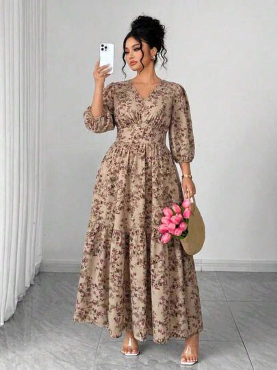 Vestido de manga corta con estampado floral, ligero, elegante y casual para uso diario y vacaciones, para mujer de talla grande, primavera/ve - Café integral - Ver 1