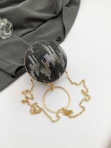 Round Ball Clutch Bag, Sequin Wave Pattern, Rhinestone Round Handle, Detachable Chain Shoulder Strap, Crossbody & Hand-Carry, Suitable For Women's Party, Ball, Wedding, Summer - Black - View 6
