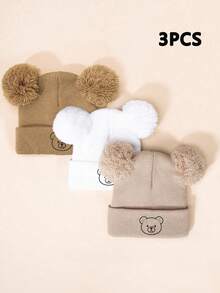 3pcs/1pc Embroidered Round Face Bear Kids Double Pom Pom Knitted Hat, Ski Warm Baby Boy Girl Unisex Hat, Y2K Style Outdoor Cold-Proof Knitted Beanie, Casual Versatile Winter Warm Hat For Daily Wear, Costume Kids - Knitted Hat - View 1