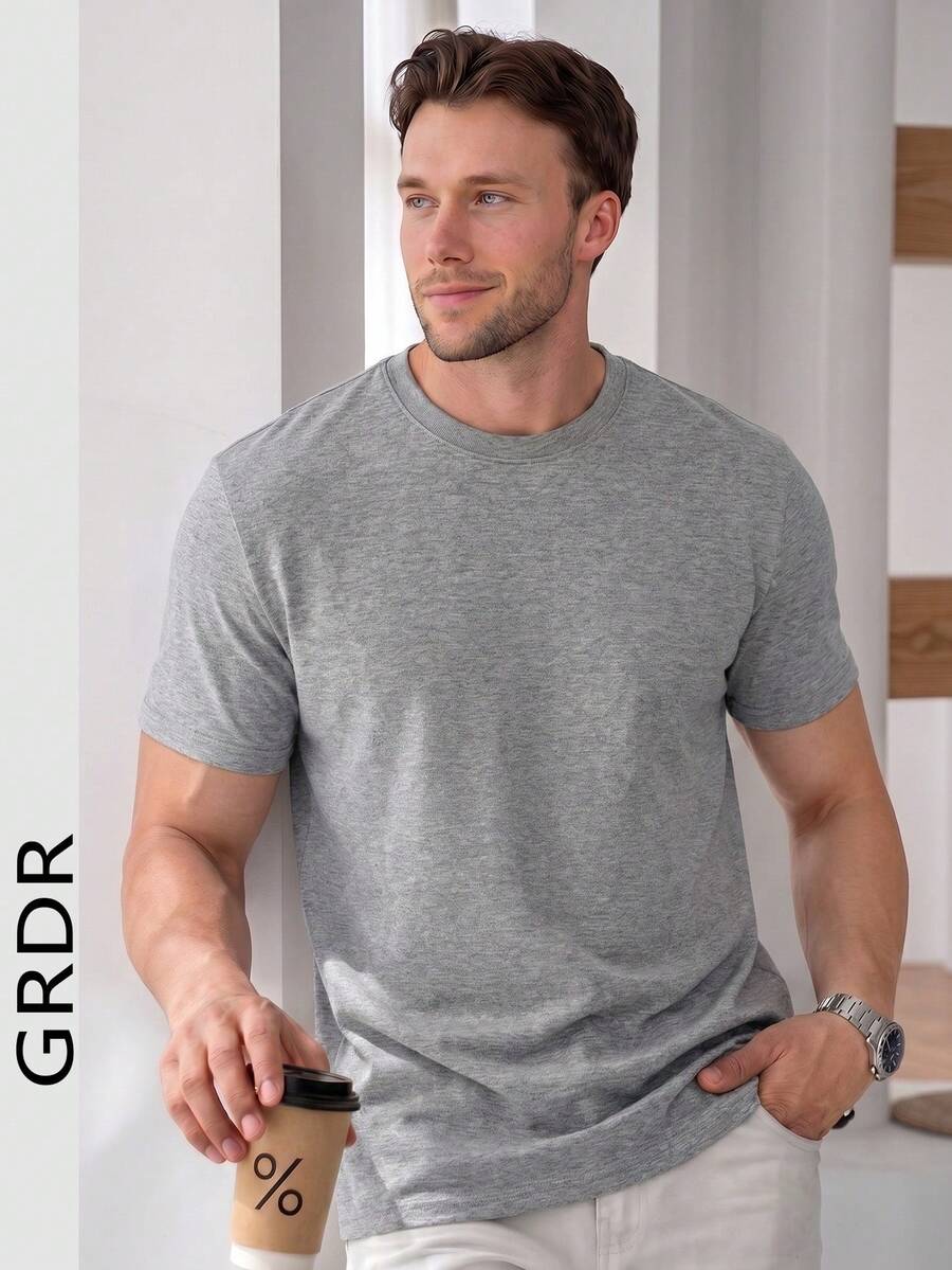 GRDR Men's Retro Minimalist Solid Color Washed Short Sleeve T-Shirt, Suitable For Summer Wear, Comfortable & Breathable, Leading Fashion - Grey - View 1