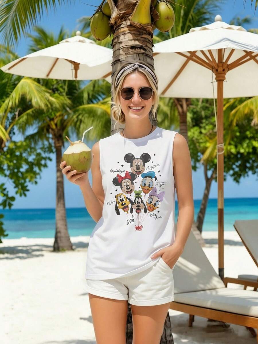 Disney Summer Women's Mickey, Minnie, Donald Duck, Goofy, Pluto Cartoon Pattern Casual Summer Beach Loose Cotton Sports Vest - 白色 - 查看 1