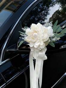 Wedding Car Decoration Set, Artificial Flower Rearview Mirror Hanging Ornament With Door Handle Bowknot Bouquet, Romantic Bridal Vehicle Decor Accessories For Wedding Ceremony, Reception, Engagement Party & Photo Props - Multicolor - View 1