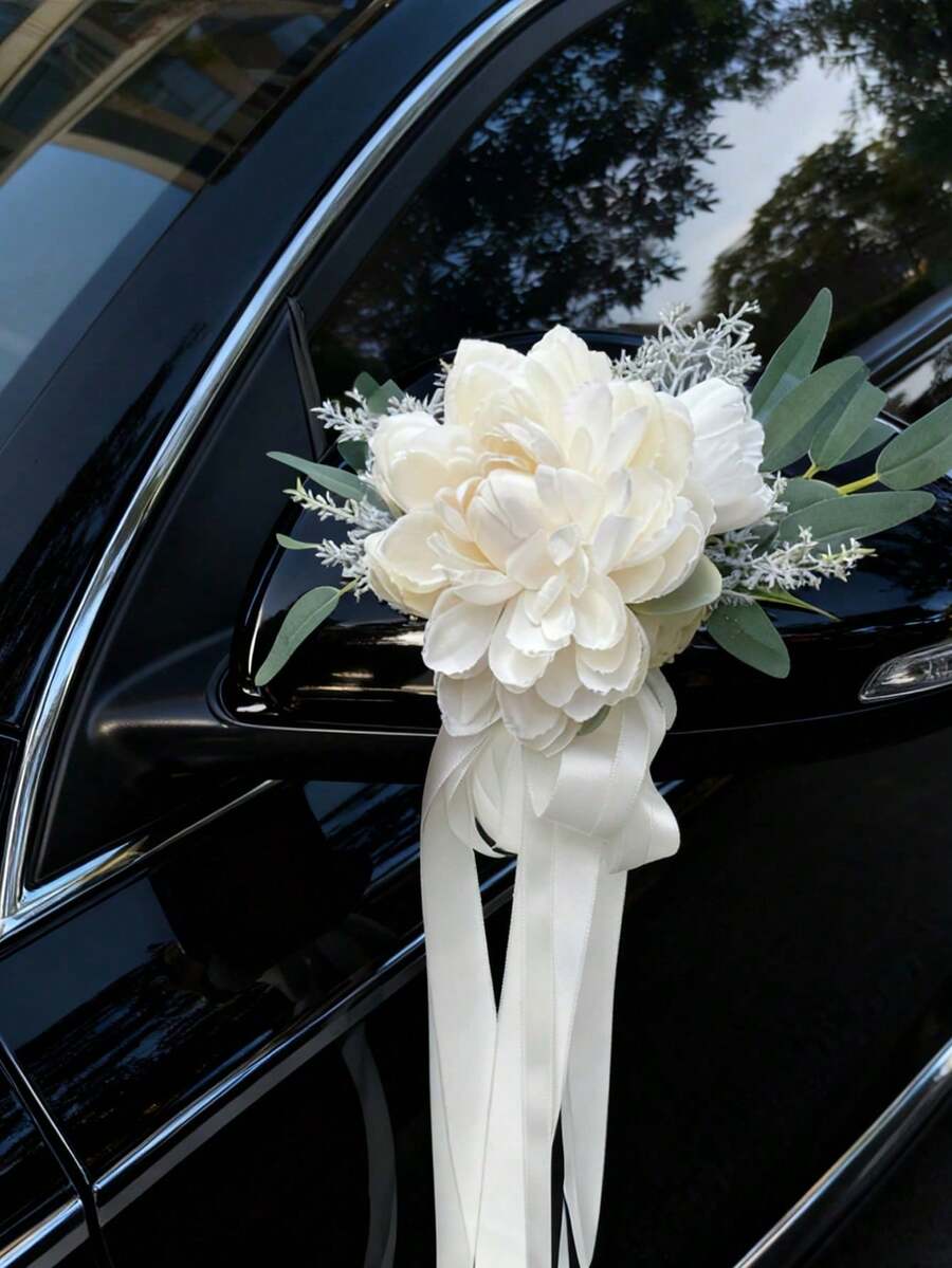 Wedding Car Decoration Set, Artificial Flower Rearview Mirror Hanging Ornament With Door Handle Bowknot Bouquet, Romantic Bridal Vehicle Decor Accessories For Wedding Ceremony, Reception, Engagement Party & Photo Props - Multicolor - View 1
