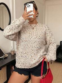 Plus Size Women's Loose Colorful Speckled Soft Knit Sweater, Relaxed Plus Size Drop Shoulder Pullover, Versatile For Daily, Commute, Date, Shopping In Autumn/Winter - Apricot - View 6