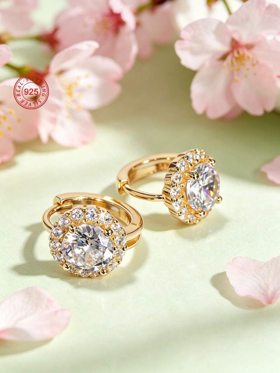 Artepollo 1 Pair 925 Sterling Silver Hypoallergenic Hoop Earrings, Inlaid With Sparkling Cubic Zirconia, Elegant And Luxurious, Gift Box Packaging, Earrings Gift For Girls, Birthday Gift For Friends - Gold - View 1
