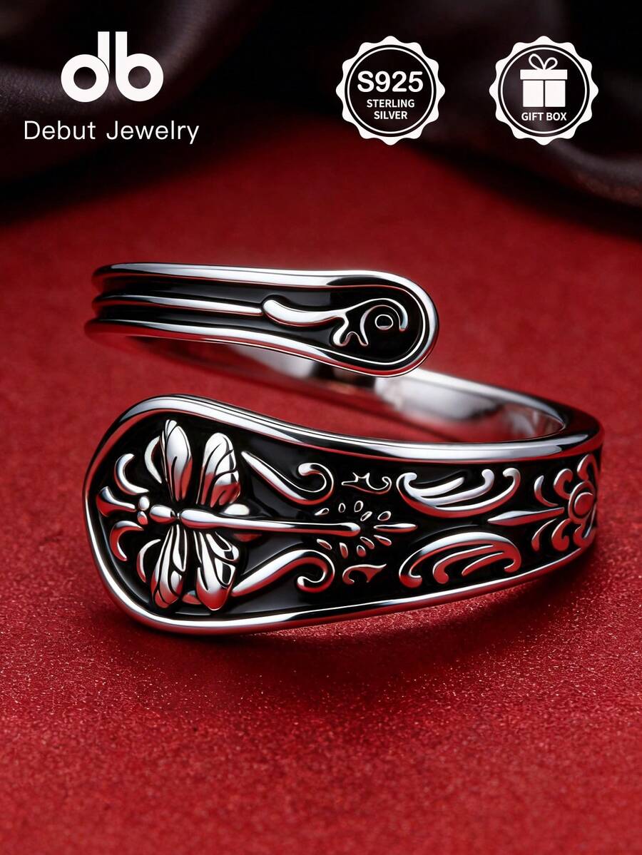 S925 Sterling Silver Dragonfly Open Ring, Gothic Vintage Carved Adjustable Ring, Punk Style Unisex Silver Jewelry, Daily Wear Mother's Day Gift Birthday Gift Gift Box