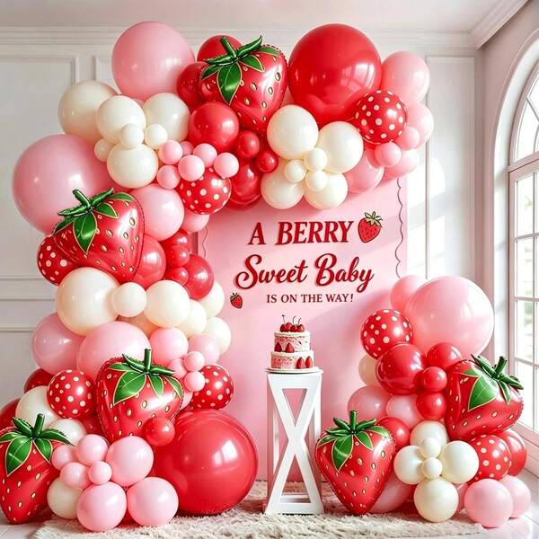 This 110-Piece Strawberry Balloon Arch Set, In Red And Pink, Features 27-Inch Strawberry Foil Balloons And Is Perfect For Sweet Strawberry-Themed First Birthdays, Babyshowers, Baptism Parties, Gender Reveales, And Valentine's Day Decorations.