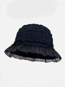 1 pièce Chapeau seau élégant à volants pour femmes, chapeau de soleil en jacquard floral avec bordure de perles, chapeau d'été léger et respirant, convient pour les voyages, la plage et le port quotidien - A - Voir 12