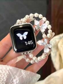 1件優雅設計雙層珍珠串珠水晶蝴蝶圖案手錶錶帶，相容於Apple Watch Ultra/SE/11/10/9/8/7/6/5/4/3/2/1，38/40/41/42/44/45/46/49mm，可調節尺寸錶帶[僅錶帶，不含錶盤和錶殼] - 珍珠錶帶 - 查看 1