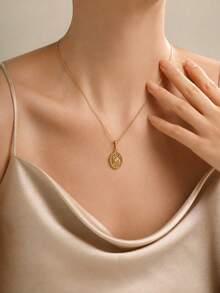 1pc Niche Vintage Stainless Steel 18K Gold Plated Oval Sun White Stone Pendant Necklace, Hypoallergenic Minimalist Versatile Commuter Collarbone Chain For Women - Gold - View 3
