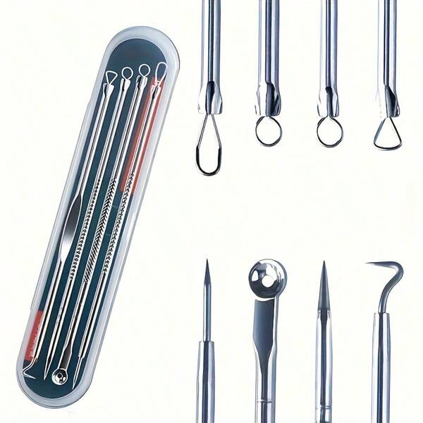 4pcs Stainless Steel Blackhead Removal Needle Set, Acne Closed Comedone Extractor Pore Cleansing Facial Skincare Tool