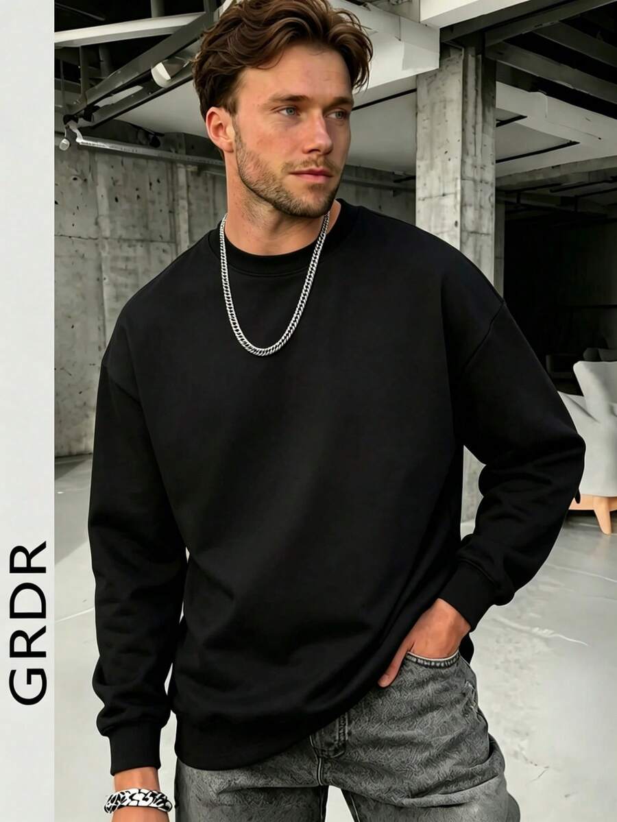 GRDR Men's Solid Color Casual Loose Fit Crew Neck Pullover Sweatshirt - Black - View 1