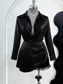 CURVE Vestido de fiesta de manga larga con cintura ceñida, cuello de camisa y silueta evasé, elegante y sexy - Marrón - Ver 2